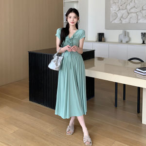 Summer New Style Pregnant Women Dress Fresh Light Thin Rope Belted French Style Short Sleeve Midi Dress V-Neck Solid Color
