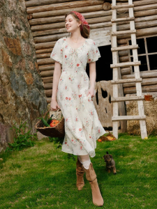 XIANGYING | French Country Style Printed White Bubble Sleeve Dress