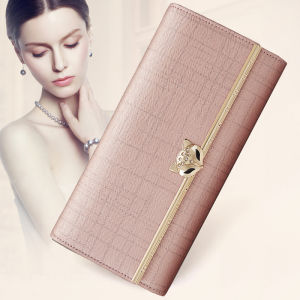 Gold Fox Long Leather Wallet Womens Handbag Tri-Fold Cowhide Clutch Bag Card Holder Elegant Fashionable Female Purse