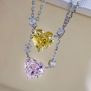 Huitan Chic Crystal/Pink/Yellow Heart CZ Necklace for Women Simple Stylish Girls Accessories Party Daily Wear Statement Jewelry