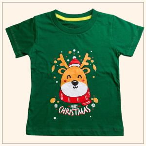 Merry christmas เสื้อยืดเด็ก คริสต์มาส สีแดง สีเขียว กวางเรนเดียร์ เซนตาครอส สโนว์เเมน ผ้าคอตต้อน100% พร้อมส่ง