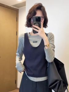 Korean Design Long Sleeve Base Shirt And Vest Two-Piece Set Womens Fashion Early Autumn New Style Color Collision Layering