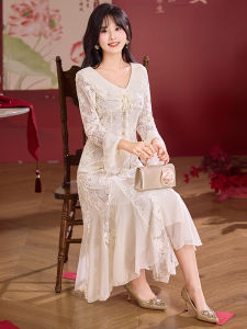 Elegant New Chinese Style Wedding Dress Womens Fashionable Registration Ceremony Dress A-Line Skirt Long Sleeve Mid-Length