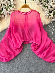 Summer 2025 French Style Loose Slim Fit round Neck Lantern Sleeve Asymmetrical Hem Chiffon Top Womens Fashion Commute Korean Style