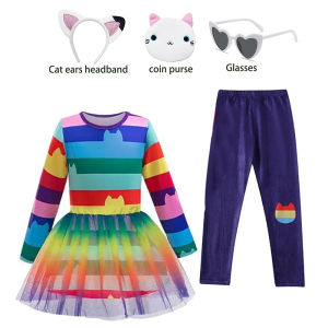 Girls rainbow top and bottom Sets with accessy Children Cartoon Cats sets Fantasy Carnival Dream newyear clothes