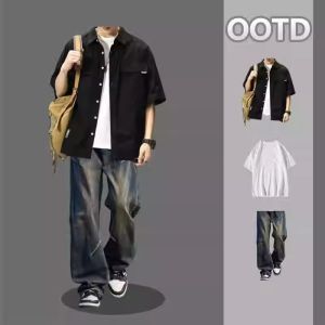 UXZZ ผู้ชายแฟชั่น High-End ลายสก๊อตแขนสั้นเสื้อฤดูร้อนสบายๆสามชิ้นชุด Hong Kong Trend Leisure ชุด