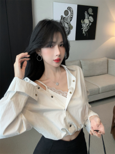 GUZILIAN | Áo sơ mi phong cách Hàn Quốc dáng rộng tay dài ngắn giả hai mảnh cổ Henry ôm eo thon gọn mùa xuân thu mới về