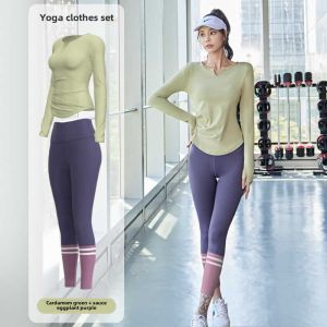 Spring Autumn New Sport Long Sleeve T Shirt Yoga Pants Breathable Running Slim Fit Daily Versatile Tight Fitness Set for Women