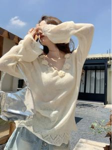 เสื้อสเวตเตอร์ถักแขนยาวคอวีลายดอกไม้ 2025 ไซส์ใหญ่ เสื้อผ้าทำงานสไตล์เกาหลีหลวมๆ สำหรับผู้หญิงไซส์ใหญ่