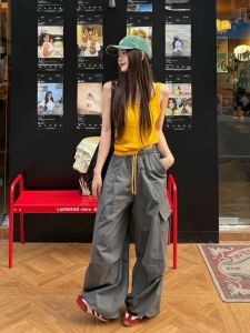 VKSOD | American Retro Yellow Strap Vest Womens Loose High Waist Wide Leg Workwear Pants Two-Piece Set Summer Trend Commute Style