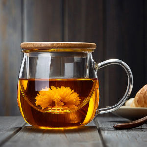 High Borosilicate Glass Cup with Handle And Lid for Office Use Tea Water Separation Heat Resistant Drinking Water Cup Handmade