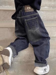 Thickened Fleece Lined Spring Autumn Denim Pants for Boys Integrated Velvet High Waist Long Trousers Childrens Fashion
