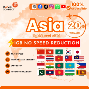 Asia 20+ countries eSIM | Japan + Korea + China Included | 1GB Light Travel Data Plan | Perfect for Short Trips | Raize Connect