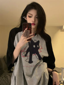 American Retro Cat Pure Cotton Short-Sleeved T-shirt Female Plus Size Chubby Girl round Neck Loose Color Matching Raglan Dark Style Bf Fashion