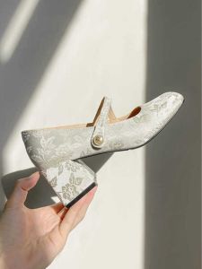 Genuine Leather Retro Mary Jane Womens Shoes New Chinese Style Flat Heel Flag Dress Shoes Pearl Decorated Korean Style Fashionable