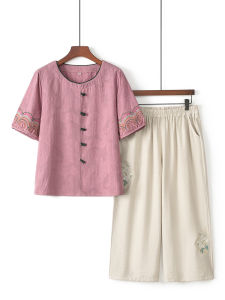 Summer Outfit Set 2025 New Ethnic Style Short Sleeve Cotton Linen Two Piece Set for Middle Aged And Elderly Women