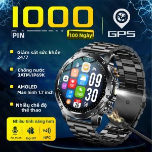 Đồng Hồ Thông Minh Quân Sự Dành Cho Nam Với GPS NFC Bluetooth Gọi Màn Hình AMOLED 17 Inch Máy Đo Nhịp Tim 3ATM Chống Nước 1000mAh Pin Theo Dõi Thể Dục Thể Thao
