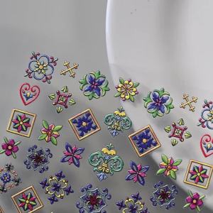 1Pcs 5D Embossed Boho Flower Nalil Stickers Bohemian Blue/Purple Lace Floral Nail Art Decal Retro Self-Adhesive Manicure Decor *