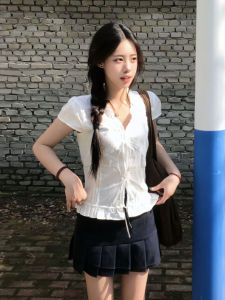 CHANGTONG | Retro Lace Border Bow-tie V-neck Short Sleeve Blouse
