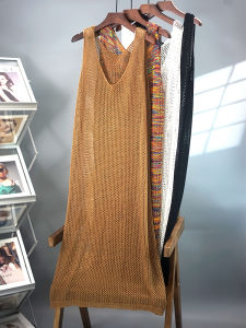 Ice Silk Knitted Summer New Loose Slimming Mesh Hollow out Vest Dress Korean Style Loose Fit V Neck mid Length Thin Dress