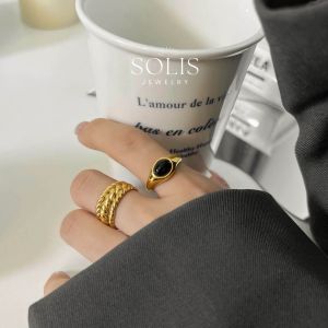 Black Onyx Stone Moonstone Gold Ring • Waterproof Non-Fade • 18K Gold Plated 316L Stainless Titanium Steel Rings For Women Women Couple RG350