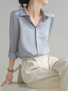 Luxury Grey-Blue Satin Shirt for Women Elegant Long Sleeve Blouse with POLO Collar for Office and Interviews