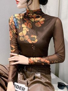 NUANKONG | Slim Fit Long Sleeve High Collar Print Chinese Style T-Shirt