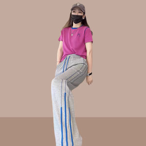 ชุดกีฬาผู้หญิงฤดูร้อน 2025 ชุดลำลองแขนสั้นผ้าฝ้ายแท้ ชุดกางเกงขากว้างสองชิ้น เทรนด์ใหม่ ลดอายุ ชุดทำงานผู้หญิง