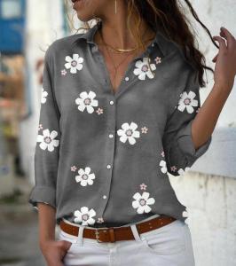 Slim Fit Long Sleeve Floral Shirt Turn-down Collar Street Style Womens Shirt Regular Length Summer Fashion Ladies Blouse