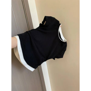 Stylish Contrast Colors False-Two-Piece Shoulder T-shirt Womens Short Sleeve Summer Tide Silm Slim Looking Ruched Chic 100% Cotton Coat