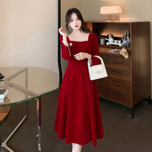 Red Long Sleeve Beaded Dress Korean Style Square Collar Wedding Dress Womens Fashionable A-Line Midi Dress for Toasts