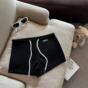 GUZILIAN | กางเกงขาสั้นเอวสูงลายตัวอักษรปักพร้อมเชือกผูก กางเกงขายาวทรงหลวม กางเกงขาสั้นทรงสลิมฟิต กางเกงขายาวลำลอง ชุดฤดูร้อนสำหรับผู้หญิง