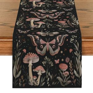 VIKAMA Boho Đen Khăn Trải Bàn Vintage Nấm Bướm Bướm Đêm Hoa Dại Thiết Kế Thực Vật Polyester Cờ Bàn Cho Tiệc Nhà Bếp