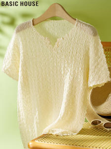 Basic House | Peach Beige Cool Silk Crinkle V-Neck T-Shirt for Summer