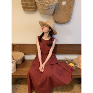 Korean Style Minimalist Summer Red Cotton Linen Sleeveless Vest with Half Skirt Two Piece Set for Young Women 18-25 Years Old