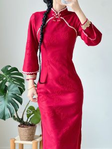 Red Chinese Style Cheongsam Engagement Dress Long Sleeve Warm Wedding Return Gift Dress New 2025 Retro Style Red Evening Gown