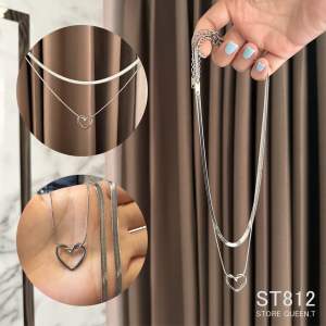 สร้อยคอจี้หัวใจเกลียวและสร้อยคอกระดูกงู สีเงิน สแตนเลสไม่ลอกไม่ดำ (2เลเยอร์) ST812