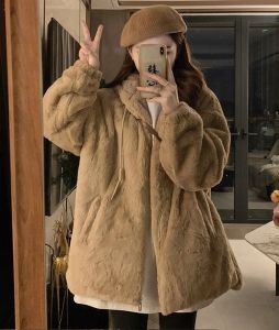 Lamb Wool Hood Cotton-padded jacket Outerwear Women Autumn and Winter Fleece-lined Thickened Loose Plush Cotton-Padded Coat Furry Warm Cotton-Padded Jacket