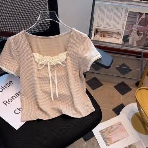 AMMIN 2025 Summer New Sweet Bow Lace Square Collar Short Sleeve Cotton T-shirt Womens Korean Style Loose Plaid Casual Elegant Blouse
