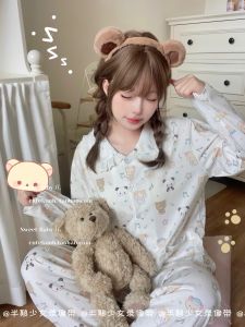 ชุดนอนผู้หญิงแขนยาวลายหมีน่ารักฤดูใบไม้ผลิและฤดูใบไม้ร่วง ผ้าฝ้ายแท้ หน้าตุ๊กตาหมี กระโปรงสั้น ชุดนอนสบายๆ