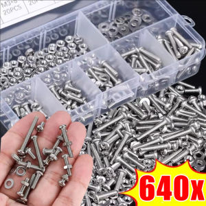 640pcs M3 Stainless Steel Hexagon Hex Socket Screw Nut Set / Round Flat Cap Head Bolt Washer Assortment Kit / M3 Metic Nut and Bolt Assortment Hardware Set