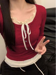 Áo Thun Nữ Tay Dài Ngắn Dáng Ôm Mùa Xuân Thu Phong Cách Retro Mỹ Mặc Trong Quần Áo Công Sở Cổ Tròn Nút Thắt