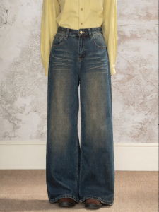loveheynew | Quần Jeans Thẳng Cao Cổ Retro Chống Xước Lông