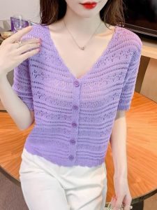 Ice ผ้าไหม แขนสั้นถักกลวงออก ผู้หญิง คาร์ดิเกน ป้องกันแสงแดดที่สะดวกสบายพิเศษ ดีไซน์ บทสรุป เสื้อท่อนบน สําหรับการเดินทาง