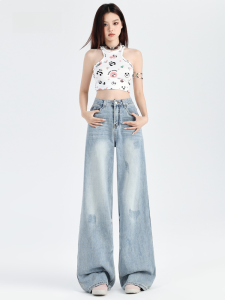 Quần Jeans Denim Rách Retro Phong Cách Mỹ Cho Nữ Quần Ống Rộng Ôm Dáng Màu Sáng Cạp Thấp Quần Dài Thường Ngày