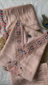 [PRE ORDER : 10 DAYS] Size M to 2XL KURTI WITH PANT:- ROMAN SILK WITH HEAVY EMBROIDERED WORK 3PCS sets_383_Light Peach