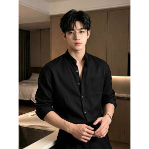 ZHUOCAN | Black Linen Long Sleeve Summer Shirts For Men With UV Protection Casual Stylish Stand Collar