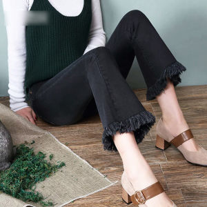 กางเกงยีนส์ทรงขาบานเอวสูงสำหรับผู้หญิง กางเกงขายาวทรงหลวม 9 จุด ทรงหลวม ทรงขาบาน ทรงหลวม เอวยางยืด ฤดูใบไม้ร่วง/ฤดูหนาว