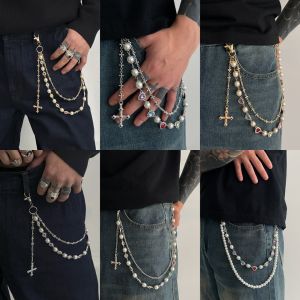 Exquisite Luxury Cross Pendant Imitation Pearl Keychain Belt Chain Men Women Punk Trousers Jeans Chain HipHop Jewelry