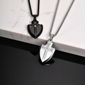 Kemstone Stainless Steel Zircon Inlaid Sword Shield Pendant Necklace for Men Black & Silver